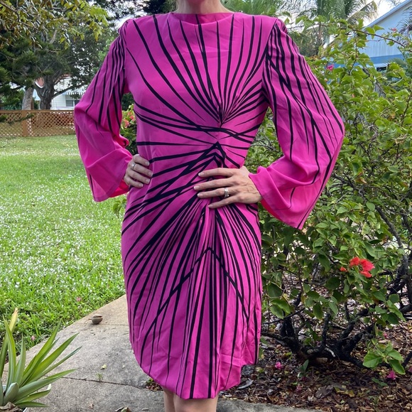 Vintage Pink Black Stripe Long Trumpet Boat Neck Sleeve Knee Length Dress! - Picture 2 of 12